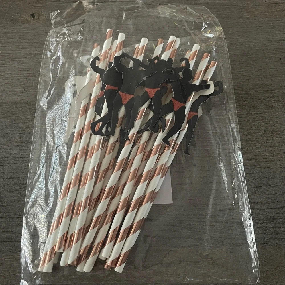 NWT Striped Party Straws with Bodybuilder Cutouts